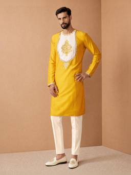 Vastramay - Men Yellow Embroidered Patchwork Kurta with Pant