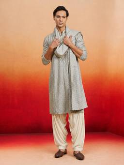 Vastramay - Men Grey Embroidered Sequin Kurta & Patiala with Dupatta