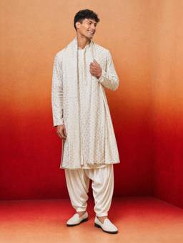 Vastramay - Men Off White Embroidered Sequin Kurta & Patiala with Dupatta