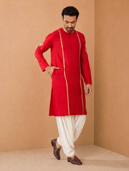 Vastramay - Men Red Zardozi Embroidered Kurta with Patiala
