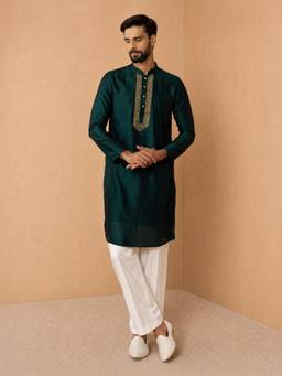 Vastramay - Men Dark Green Embroidered Kurta with Wide Leg Pant