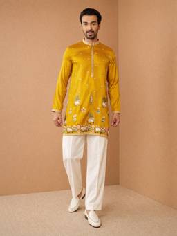 Vastramay - Men Mustard Embroidered Kurta with Wide Leg Pant