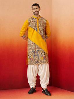 Vastramay - Men Yellow Cotton Printed Knee Length Kurta with Patiala