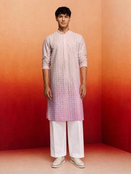 Vastramay - Men Pink Embroidered Kurta with Wide leg Pant