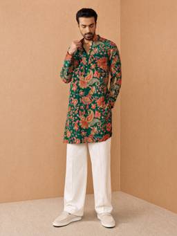 Vastramay - Men Green Embroidered Kurta with Wide leg Pant