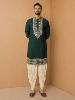 Vastramay - Men Dark Green Embroidered Kurta with Dhoti