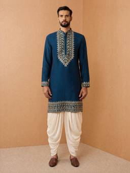 Vastramay - Men Teal Embroidered Kurta with Dhoti