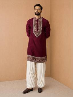 Vastramay - Men Maroon Embroidered Kurta with Patiala