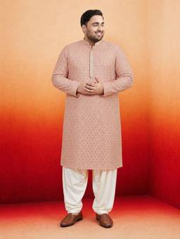 Vastramay - Men Pink Embroidered Sequin Kurta with Patiala