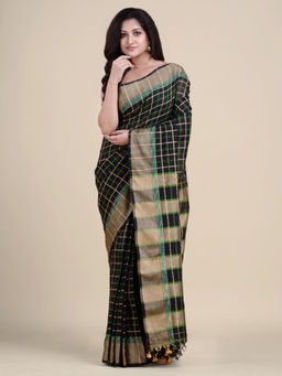 CHARUKRITI - Black Gold-Toned Checked Zari Pure Cotton Saree without Blouse