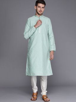 Manyavar - Green Full Sleeves Mandarin Collar Kurta with Pencil Pajama (Set of 2)