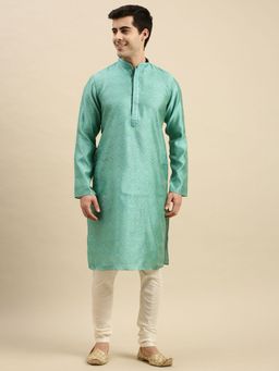Sanwara - Mens Sea Green Woven Long Sleeve Art Silk Elegant Kurta with Pyjama (Set of 2)