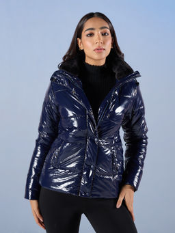 RSVP by Nykaa Fashion - Navy Blue Solid High Neck Puffer Jacket