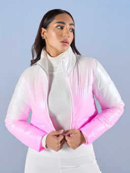 RSVP by Nykaa Fashion - Pink and White Ombre High Neck Crop Puffer Jacket