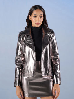 RSVP by Nykaa Fashion - Gunmetal Notched Lapel Full Sleeves Faux Leather Biker Jacket