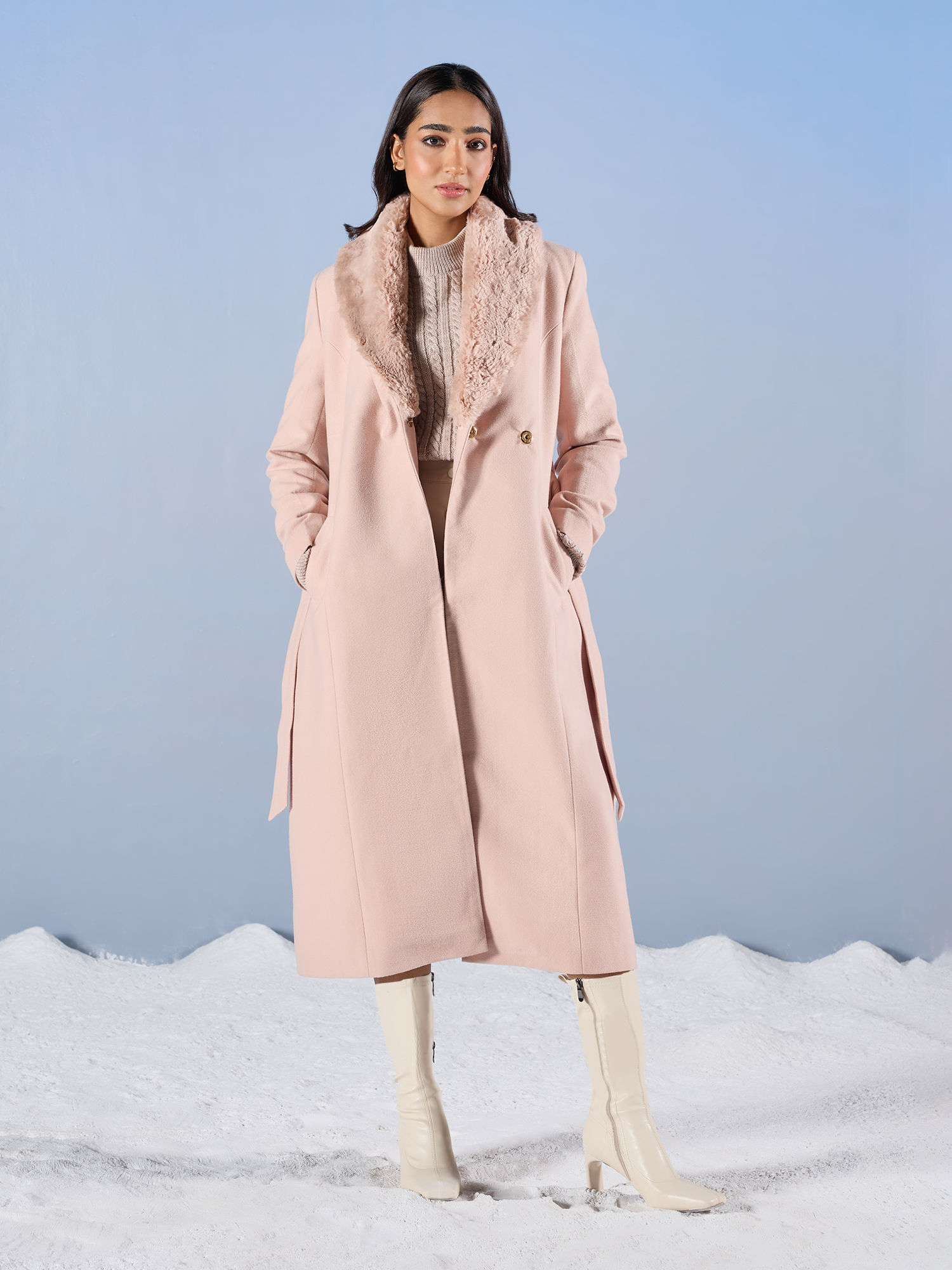 Buy RSVP by Nykaa Fashion Light Peach Solid Fur Collar A Line Midi