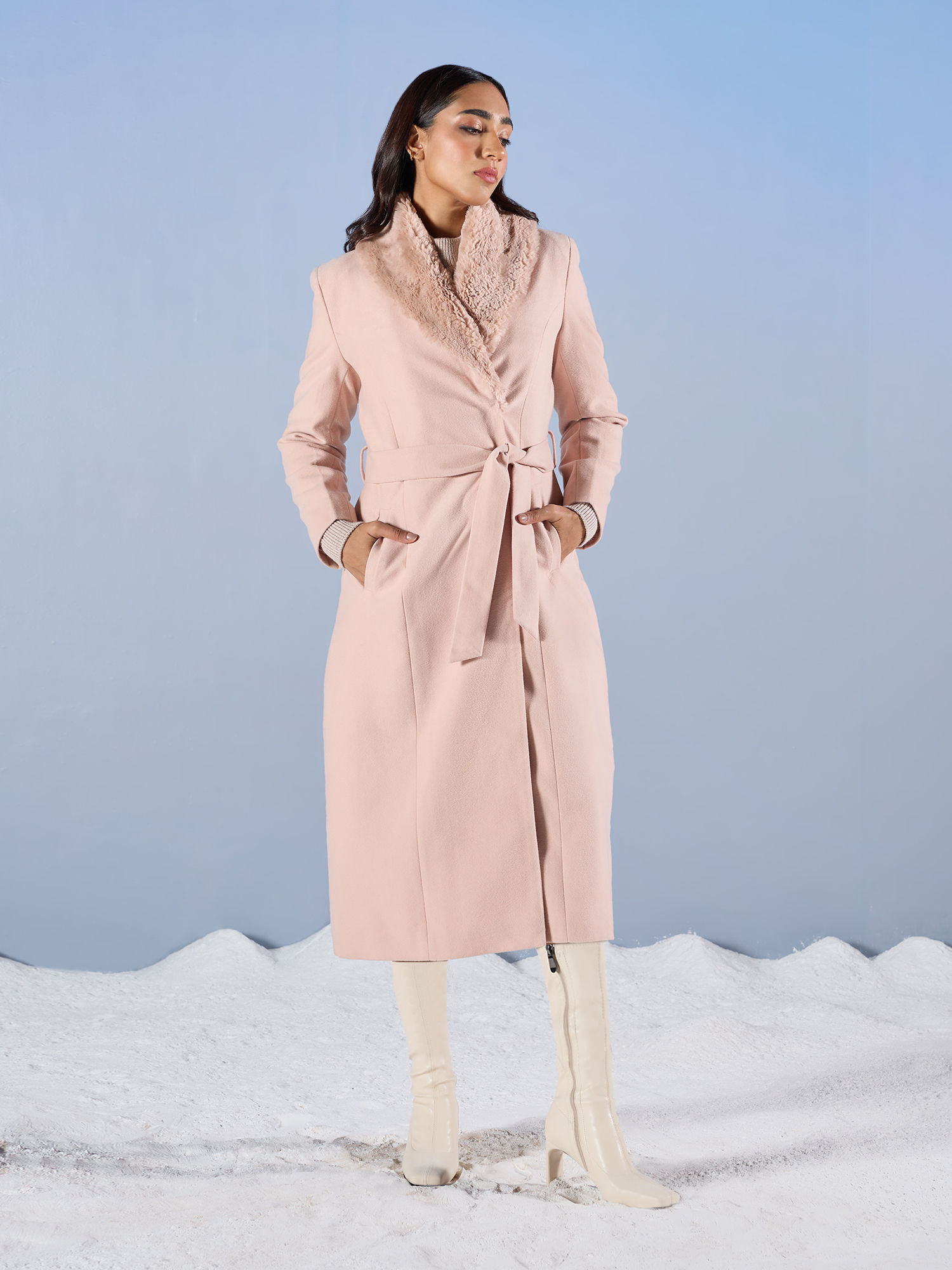 Buy RSVP by Nykaa Fashion Light Peach Solid Fur Collar A Line Midi
