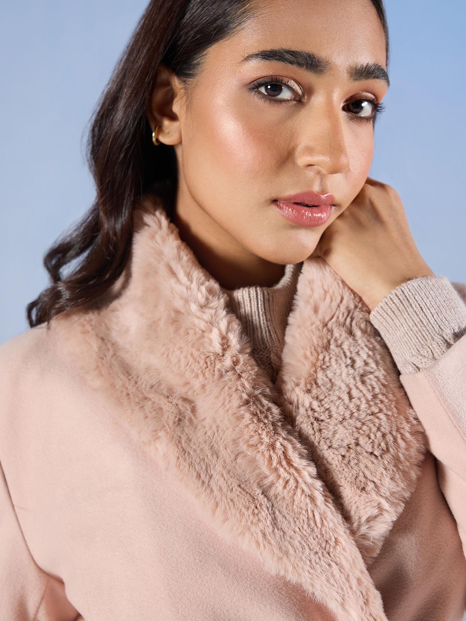 Buy RSVP by Nykaa Fashion Light Peach Solid Fur Collar A Line Midi