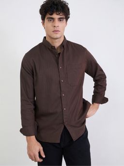 Styli - Brown Textured Button Down Collar Full Sleeves Regular Fit Casual Shirt