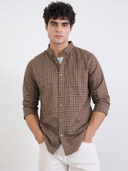 Styli - Brown Checked Button-Down Collar Full Sleeves Regular Fit Shirt