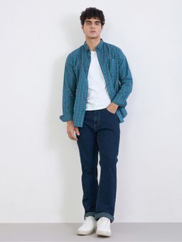 Styli - Teal Checked Button Down Collar Full Sleeves Regular Fit Shirt