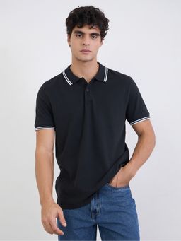 Styli - Black Solid Regular Fit Polo T-Shirt