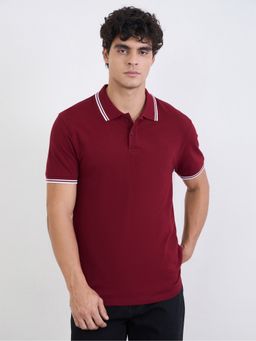 Styli - Maroon Solid Regular Fit Polo T-Shirt