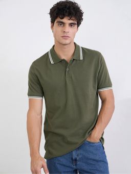 Styli - Olive Solid Regular Fit Polo T-Shirt