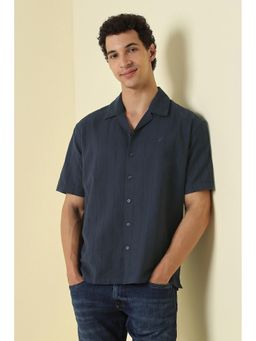 Allen Solly - Navy Blue Relaxed Fit Stripe Half Sleeves Casual Shirt