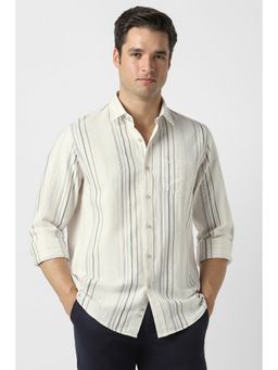 Peter England - Cream Slim Fit Stripe Full Sleeves Casual Shirt