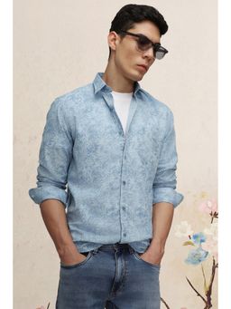 Peter England - Light Blue Slim Fit Print Full Sleeves Casual Shirt