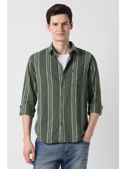 Peter England - Olive Slim Fit Stripe Full Sleeves Casual Shirt