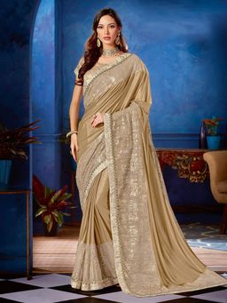 Odette - Beige Lycra Designer Saree with Unstitched Blouse