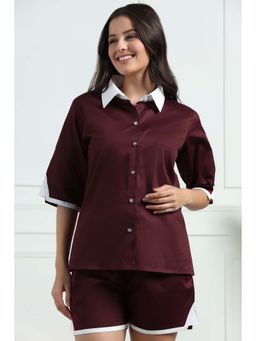 HOUSE OF COMFORT - Women Pure Cotton Satin Nightsuit Maroon