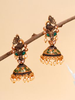 Karatcart - Gold Plated Green Stone Studded Peacock Shape Jhumki Earrings for Women