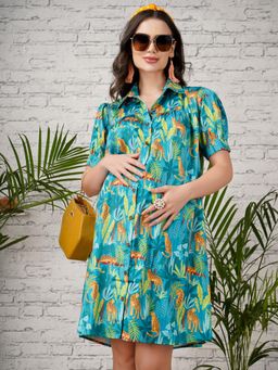 Angloindu - Green Printed Maternity Shirt Dress