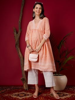 Angloindu - Coral Embroidered Kurta with White Maternity Pyjama (Set of 2)