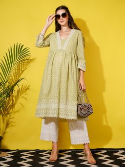 Angloindu - Green Embroidered Kurta with White Maternity Pyjama (Set of 2)