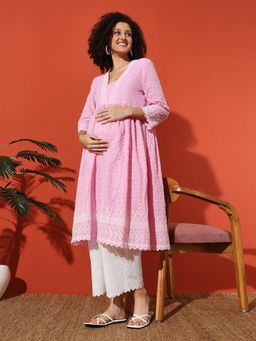 Angloindu - Pink Embroidered Kurta with White Maternity Pyjama (Set of 2)