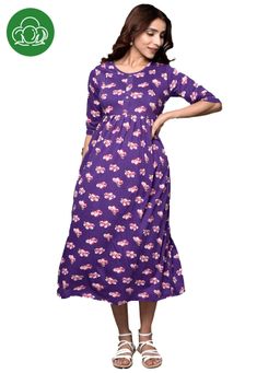 Inner Sense - Organic Cotton Long Length Maternity Dress with 3/4Th Sleeves Purple