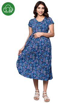 Inner Sense - Organic Cotton Maxi Length Maternity Dress with Short Sleeves Blue