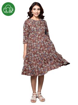 Inner Sense - Organic Cotton Knee Length Maternity Dress with 3/4Th Sleeves Brown