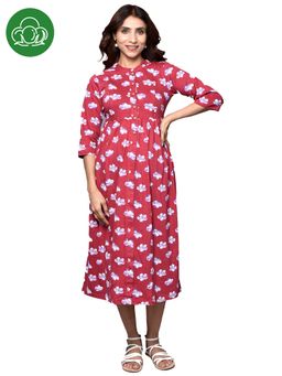 Inner Sense - Organic Cotton Full Length Maternity Dress with 3/4Th Sleeves Red