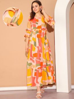 Moms Maternity - Womens Geometric Print Cotton Yellow Maternity Maxi Dress Yellow (Set of 2)