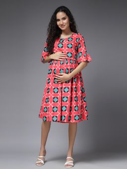 Zelena - Women Half Sleeves Cotton Printed Maternity Zipless Feeding Dress Red
