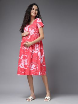 Zelena - Women Half Sleeves Cotton Printed Maternity Zipless Feeding Dress Red