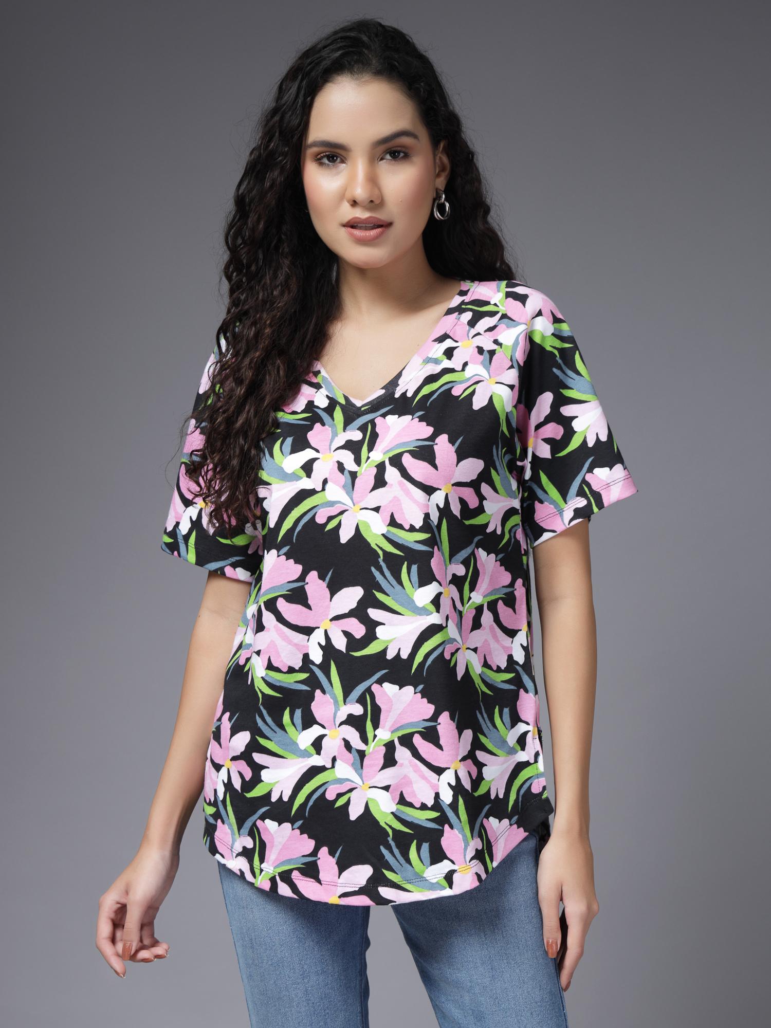 Women Half Sleeves Cotton Printed Maternity Feeding Top with Zip Black-image-2