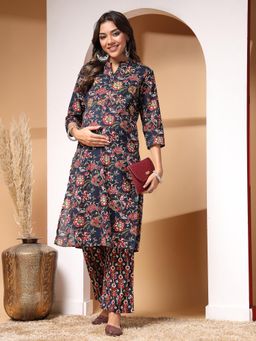 Zelena - Women Cotton Printed Maternity Zipless Feeding Kurta with Pant Navy Blue (Set of 2)