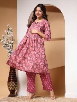 Zelena - Women Cotton Printed Maternity Feeding Kurta with Pant Pink (Set of 2)