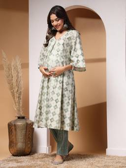 Zelena - Women Modal Maternity Zipless Feeding Kurta Pant Green (Set of 2)